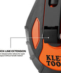 Klein Tools chalk reel, orange and gray housing, side view with push button