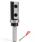 Heavy Duty Flush Trim Router Bit With Quarter Inch Shank And Five Eighths Inch Cut Diameter Featuring Dual Reversible Carbide Inserts, close-up image.