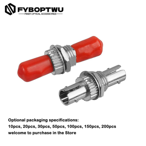 ST To ST Fiber Optic Coupler Adapters 50 Pack With Ceramic Ferrule For Extending Single Mode Cables, shown with protective caps