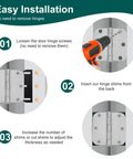 Illustration of Door Hinge Shims Repair Kit installation, showing easy shim insertion for door alignment and gap elimination.