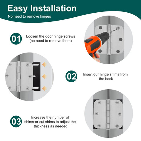 Illustration of Door Hinge Shims Repair Kit installation, showing easy shim insertion for door alignment and gap elimination.