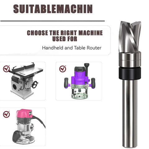 Top Notch Spiral Flush Trim Router Bit For Plywood And MDF 3/8 Inch Diameter displayed with suitable handheld and table routers.