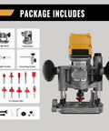 Real Deal Cordless Plunge Router Kit With Fixed And Plunge Bases Ready To Roll, showing included tools and attachments for woodworking.