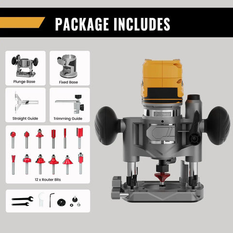 Real Deal Cordless Plunge Router Kit With Fixed And Plunge Bases Ready To Roll, showing included tools and attachments for woodworking.