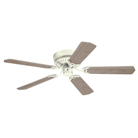 52 Inch Casanova White Flush Mount Ceiling Fan With Five Reversible White And White Washed Pine Blades, Three Speed Pull Chain