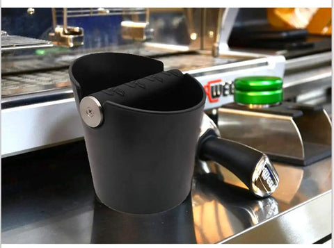 Espresso Knock Box 4.8 Inch Barista Style Grounds Bin with Removable Heavy-Duty Metal Knock Bar on espresso machine base