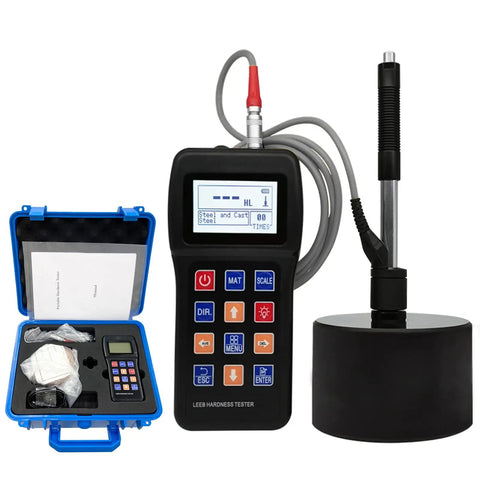 7 In 1 Portable Metal Leeb Hardness Tester With D Sensor And Standard Block Durometer For Stainless Steel Alloy Copper 10 Materials HL HB HV HRC HRB HRA 170 960 HLD Hardness Test Kit showing device and case.