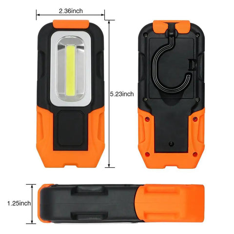 Portable LED Work Light With Magnetic Base And Hanging Hook, Battery Powered COB Grab And Go Pocket Light dimensions.