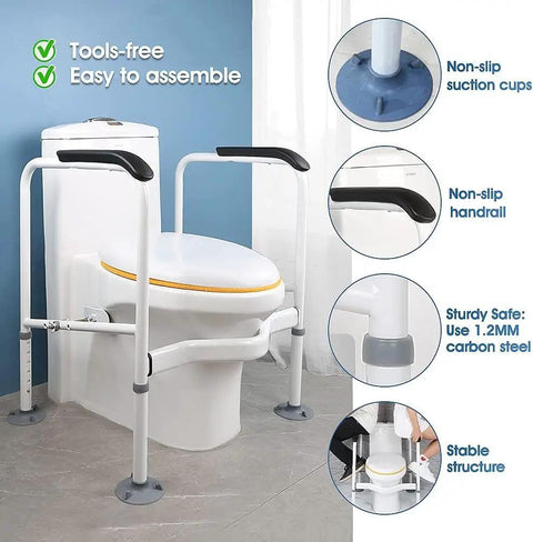 Heavy Duty Toilet Safety Rails For Seniors With Adjustable Carbon Steel Frame And Rock Solid Non Slip Design For No Fuss Bathroom Support And Straight Up Fall Protection Up To 330 Pounds Total Weight, featuring non-slip handrails and suction cups.