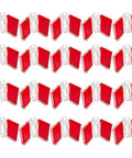 Clear Self Adhesive Mini Piano Hinges 25x35 mm, 20 pack, open angle view showing red backing for installation