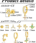 Gold Plated Earring Set For Women 9 Pairs Including Huggie Hoops Planet Ball Flower Dangle Studs Flat Back Cartilage Tragus Earrings For Multiple Piercings Stackable Jewelry Perfect For Everyday Vibe. gold plated CZ earring styles with 3mm to 13.3mm details