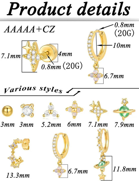 Gold Plated Earring Set For Women 9 Pairs Including Huggie Hoops Planet Ball Flower Dangle Studs Flat Back Cartilage Tragus Earrings For Multiple Piercings Stackable Jewelry Perfect For Everyday Vibe. gold plated CZ earring styles with 3mm to 13.3mm details
