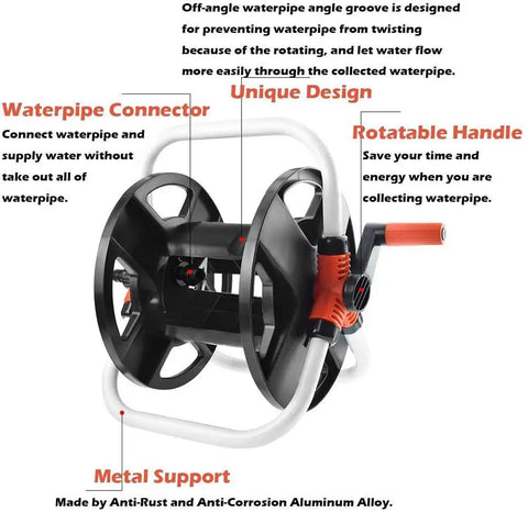 Portable Hose Reel Storage Shelf For One Half Inch Hose Up To 20 Meters Garden Hose Trolley with rotatable handle and metal support