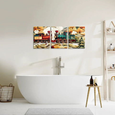 Dope Vintage Train Canvas Wall Art Set 12x16 Inches Each 3 Pieces for Living Room and Bedroom, steam engine and woodland scene