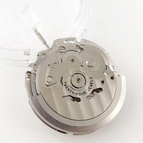Close-up of Skeleton Dial Automatic Mechanical Watch Movement With 3 Hands For NH70 NH70A showing 24 jewels.