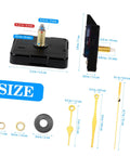Quartz Clock Movement Battery Operated No Tick Silent Wall Clock Mechanism Replacement Kit For DIY Repairs dimensions and parts display.