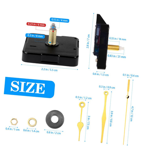 Quartz Clock Movement Battery Operated No Tick Silent Wall Clock Mechanism Replacement Kit For DIY Repairs dimensions and parts display.