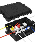 Heavy Duty Large Outdoor Electrical Box IP54 Waterproof Weatherproof 12x9x5 Inch Box Built To Handle 8 Cable Ports Protecting Power Strips, Extension Cords, Surge Protectors, Timers, Large Adapters And Above Ground Pool Accessories. Black plastic IP54 outdoor electrical box with cords and power strip