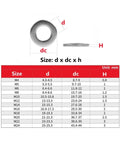 Size chart of Titanium Spring Washer Set With Hex Lock Nuts And Flat Gasket Shim TA2 Pure Titanium Grade 2 M2 To M12 Metric Threads