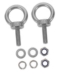 Built Tough Beefy Heavy Duty Stainless Steel Eye Bolt M6x20 With Closed Ring And Hole, Deep Threaded Mount, Includes Flat Washer, Spring Washer And Nylon Nut, Rugged Rigging Hardware For Hoists, Anchors, And Outdoor Installations. Two M6 stainless steel eye bolts with washers and nylon nuts