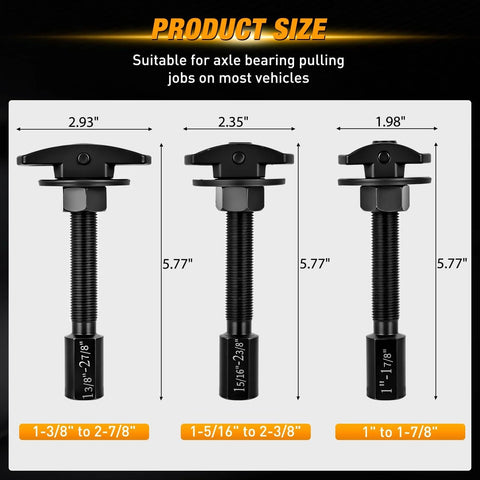 GOOACC 3-piece rear axle bearing puller set diagram; three pullers shown, black tools on gray background