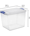 Heavy Duty Clear Storage Bins 2 Pack With Tight Blue Latches, 15qt and 27qt size for organizing closets, clear plastic material.
