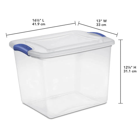 Heavy Duty Clear Storage Bins 2 Pack With Tight Blue Latches, 15qt and 27qt size for organizing closets, clear plastic material.