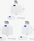 Collapsible Water Storage Container With Spigot 3L 5L 10L Foldable Clear Water Jug sizes 5L, 10L, 15L with dimensions labeled