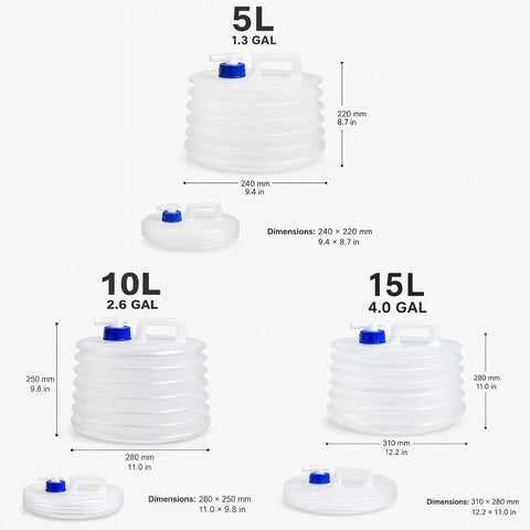 Collapsible Water Storage Container With Spigot 3L 5L 10L Foldable Clear Water Jug sizes 5L, 10L, 15L with dimensions labeled