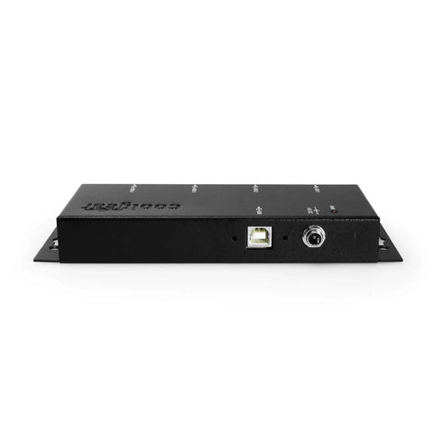 Rugged Metal 4 Port USB 2.0 Powered Hub For Industrial Use With Screw Lock, Mountable Steel Chassis, High Speed 480Mbps, front view