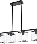 4 Light Dope Kitchen Island Pendant in Matte Black with Rectangular Clear Glass Shades, Farmhouse Linear Chandelier