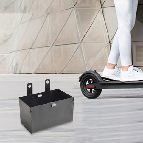Heavy Duty Beefy Battery Storage Box For 50Cc 70Cc 110Cc 125Cc Atv Quad Dirt Bike Trail Riding Off Road Knockout Impact Protection Mount Case 4 8 X 2 76 Inches, black metal design, mounted beside electric scooter.