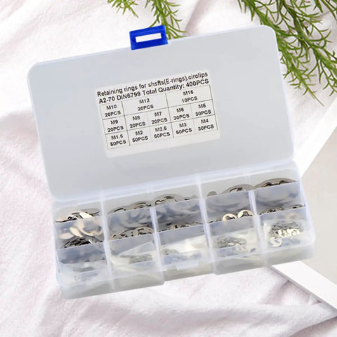 Pro Grade Stainless Steel Retaining Ring Kit Snap Ring Set M1.5 To M15, 400 Pcs External E Shaped Rings in open plastic organizer