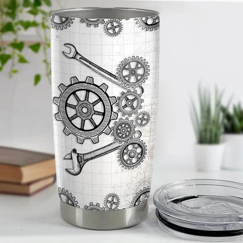 20 Oz Engineer Tumbler For Men Dope Stainless Steel Insulated Coffee Travel Mug with gear and wrench design, lid open