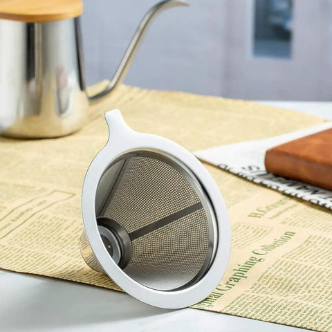 Side view of an Upgraded Stainless Steel Pour Over Coffee Filter Dripper For One To Two Cups With 800 Mesh Slow Filter on a table.