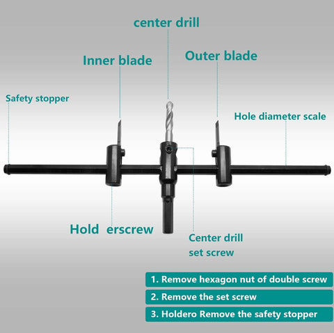 Seimneire adjustable hole saw circle cutter with center drill, black; adjustable diameter 1-3/16 in to 11-3/4 in for drywall/wood/plaster.