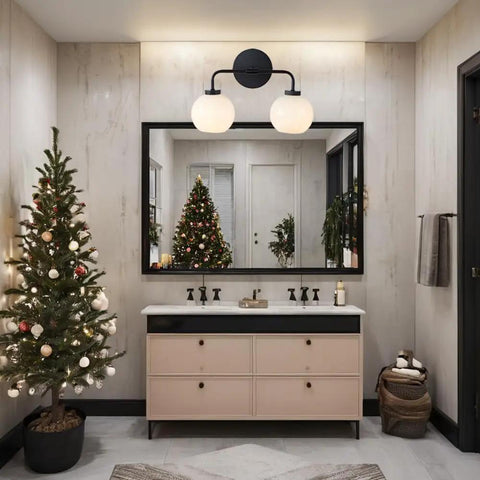 Double Glass Globe Wall Sconce, 17 Inch Sleek Modern Design in Matte Black over bathroom vanity mirror, holiday decor visible