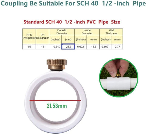 Standard SCH 40 1/2 Inch PVC pipe size guide and coupling with nozzle from 1/2 Inch PVC Mist Nozzle Kit For Patio Cooling