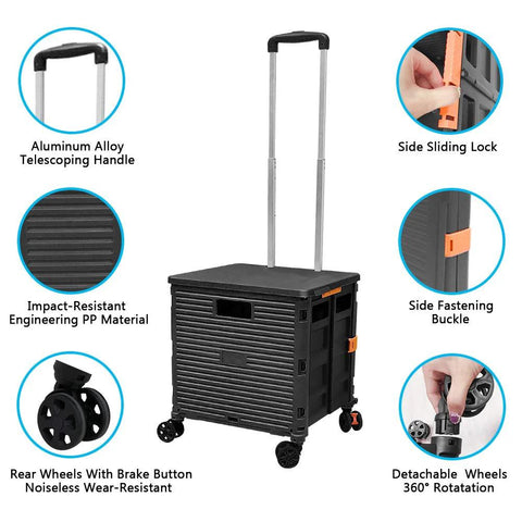 Front view: FELICON SELORSS foldable utility cart with black plastic body, aluminum telescoping handle, four wheels.