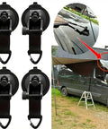 Universal Car Suction Cup Anchor With Securing Hook Reusable Heavy Duty Tie Down For Camping Tarp Car Side Awning Outdoor Motorhomes And Vans Accessories Scratch Free And Scratch Resistant No Drilling No Holes No Glue Easy Push And Attach, showing set of four suction cup anchors and a van awning setup