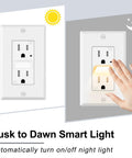 Slick White Decora Outlet With Night Light 6 Pack 15 Amp Tamper Resistant Wall Insert Self Grounding Ultra Slim showing dusk to dawn feature.