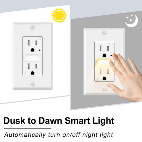 Slick White Decora Outlet With Night Light 6 Pack 15 Amp Tamper Resistant Wall Insert Self Grounding Ultra Slim showing dusk to dawn feature.