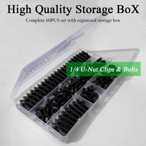 60 Pcs U Nut Clips And Hex Head Bolts Kit in open storage box, showing organized compartments for auto body repair