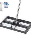 Updated Lawn Leveling Rake With Roller 17 Inch By 10 Inch Stainless Steel Lawn Leveler head with handle and gloves