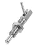 Tough As Nails Stainless Steel Spring Plunger Pin With L Handle For Cabinets Molds And Industrial Machinery Quick Release Safety Lock and Heavy Duty Catch Latch close up view, showcasing pin and thread.
