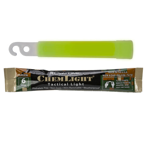 Chemlight Light Stick Military Grade 6 Hour Glow 4 Inch Long 100 Pack Ultra Bright Green Light For Night Ops Go To Gear Emergency Prep Survival Kits Outdoor Use Anywhere showing green glow stick with packaging