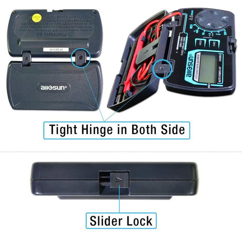 Auto Ranging Pocket Digital Multimeter with tight hinge and slider lock, featuring DC and AC measurements and non-contact voltage detection.