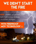 Lightning over houses with text about 3420 Joules protection and fireproof MOV technology.