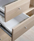 Opened cabinet showing heavy duty ball bearing drawer slides with soft close telescoping runners, full extension, 3 section rails.
