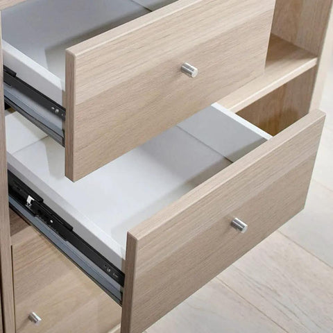 Opened cabinet showing heavy duty ball bearing drawer slides with soft close telescoping runners, full extension, 3 section rails.